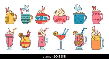 Trinken Sommer flach bunte Linie Set. Linear Cartoon Getränke heiß, frisch. Süße Becher Kakao, Kaffee Milch, Sahne und Glühwein, Alkohol. Partygetränke mit Süßigkeiten, Marshmallow. Vektorgrafik Stock Vektor