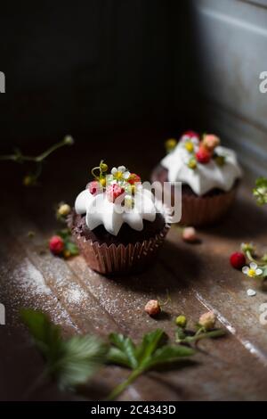 Zwei Cupcakes mit Schokolade und Walderdbeeren und Schlagsahne Stockfoto