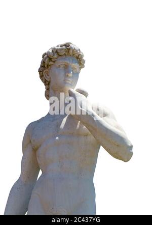 Weißer Hintergrund, David-Skulptur, Michelangelo 1501–1504 Stockfoto