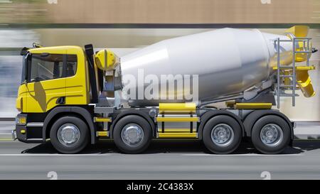 Zement-LKW mit einer gelben Kabine unterwegs in Daylight 3D Rendering Stockfoto