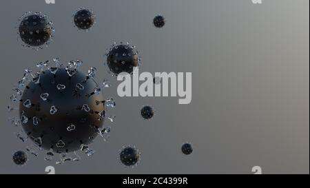 Fluss von Covid-19 Coronavirus-Molekülen im Blut. Dunkle SARS-Cov-2-Moleküle bewegen sich zum Licht hin. Banner mit Kopierbereich. 3D-Rendering Stockfoto