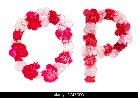 Blumenschrift Alphabet O P Set (Kollektion A-Z), aus echten Nelkenblumen rosa, rote Farbe mit Papier geschnitten Form von Großbuchstaben. Flora Schrift Stockfoto