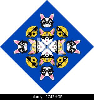 Französische Bulldogge, Corgi und labrador in Sonnenbrillen auf blauem trendigen Hintergrund. Hipster Hunde Kaleidoskop. Design für Grußkarte, Aufkleber, Poster und T-Shirts Stock Vektor