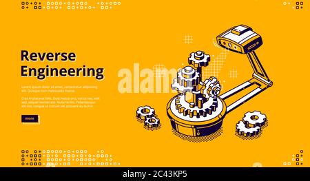 Reverse Engineering-Banner. Konzept der Zerlegung von Produkt- und Forschungsfunktionen für Analyse, Upgrade, Qualitätskontrolle. Vektor Landing Page von Back Engineering mit isometrischen Zahnrädern und Scanner Stock Vektor