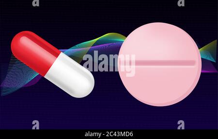 Abbildung von medizinischen Tabletten auf abstraktem Hintergrund Stock Vektor