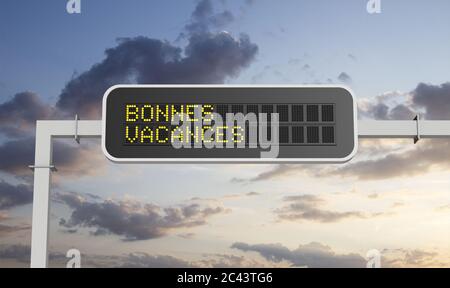 Frohe Feiertage Autobahn Zeichen 3D-Rendering mit Himmel Stockfoto