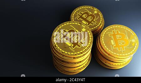 Viele gold bitcoins Festlegung auf eine reflektierende Oberfläche, 3D-Rendering Stockfoto