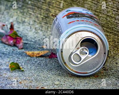 Eine leere Bierkiste liegt auf der Straßenseite entsorgt. Littering! Stockfoto