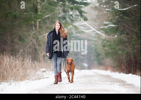 Schöne junge Frau, die im Winter mit Hund auf der Straße zwischen Bäumen im Wald spazieren geht Stockfoto