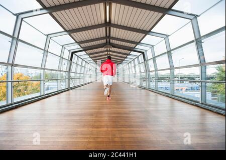 Rückansicht des jungen Mannes, der auf einem Skywalk läuft Stockfoto