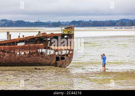 Neuseeland, Tasman District, Motueka, Male Tourist photographing rosty Janie Seddon shipwreck Stockfoto