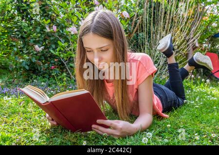 Mädchen liegt auf der Wiese ein Buch lesen Stockfoto