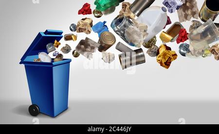 Recycling von Abfall und Müll als wiederverwendbare Gegenstände Management als altes Papier Glas Metall und Kunststoff in einem blauen Papierkorb als Konzept der Umwelt geworfen. Stockfoto