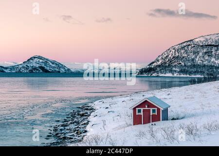 Küstenlandschaft mit roter Hütte im Winter, Lebesby, Lakse Fjord, Norwegen Stockfoto
