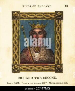 Porträt von König Richard dem Zweiten, König Richard II. Von England, geboren 1367, begann Regierungszeit 1377 und ermordet 1400. In Krone und Ermin Umhang, hält ein Zepter in verzierten Rahmen. Handkolorierter Kupferstich von Cosmo Armstrong aus Porträts und Figuren der Könige von England, von William dem Eroberer bis George dem Dritten, John Harris, London, 1830. Stockfoto