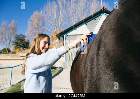 Fröhliche junge Mädchen stehen und mit Pinsel auf großen Kastanienpferd auf Ranch Stockfoto