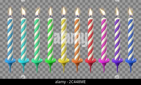 Realistische Geburtstagskerzen. Geburtstagskuchen Kerzenlicht, Feiertage brennende Wachskerze. Party Feier bunte Kerzen Vektor Illustration Set Stock Vektor