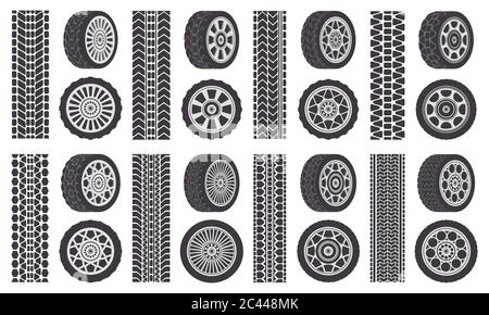 Autoreifen. Spurspuren, Auto-Felgen, Auto-Fahrzeug Lauffläche Spuren. Gummireifen isolierte Symbole Illustration Set Stock Vektor