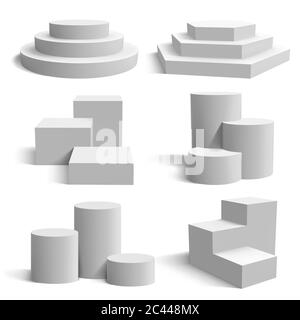 Weißes 3d-Podium. Realistische Sockel Zylinder und runde Standbühnen, geometrische 3d-Präsentation Plattform Vektor Illustration Set Stock Vektor