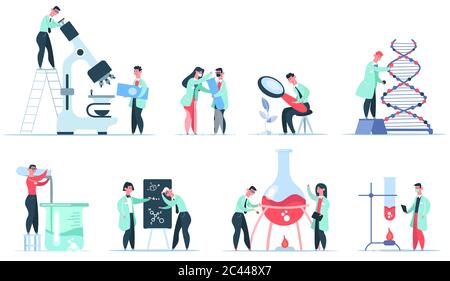 Laborwissenschaftler. Wissenschaft Forschung, Klinik Mikrobiologie, Pharma, biochemische und DNA-Experimente isoliert Vektor Illustration Set Stock Vektor
