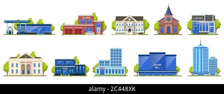 Modernes Stadtgebäude. Öffentliche moderne Einkaufszentrum außen, Schule Fassade, Hotel und Feuerwehr isoliert Vektor Illustration Symbole gesetzt Stock Vektor