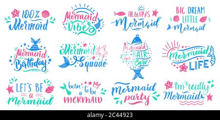 Meerjungfrauen Schriftzüge. Hand gezeichnet kleine Meerjungfrau Schriftzug, niedliche Märchen Meer marine Meerjungfrau inspirierende Phrasen Vektor Illustration Set Stock Vektor