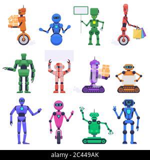 Roboterzeichen. Roboter mechanische humanoiden Zeichen, Chatbot Assistent Maskottchen, Technologie android bot isoliert Vektor Illustration Set Stock Vektor