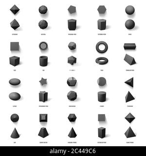 Realistische geometrische 3D-Formen. Grundlegende geometrische polygonale Figuren, Würfel, Pyramide, Kugel und Prisma Modell isoliert Vektor Illustration Icons gesetzt Stock Vektor