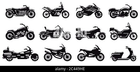 Silhouette des Motorradfahrzeugs. Moderne Geschwindigkeit Rennrad, Roller und Chopper Seitenansicht, Motorrad Körper Silhouette Vektor Illustration Symbole gesetzt Stock Vektor