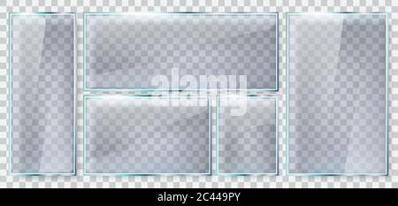 Rahmen mit Glashelligkeit. Realistische Glasplatte, reflektierendes Glasfenster 3d-Modell, klares Glas Rechteck Rahmen isoliert Vektor-Illustration gesetzt Stock Vektor