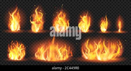 Realistische Flammen. Brennende rote Wildfeuer Flammen, lodernde feurige Schüsse der Flamme, brennen Lagerfeuer Silhouette isoliert Vektor Illustration Set Stock Vektor