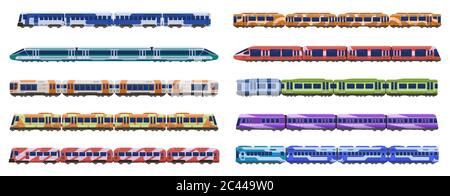 Zugwagen. Personenbahn Züge, moderne U-Bahn Hochgeschwindigkeitszüge, Stadtverkehr isoliert Vektor Illustration Symbole gesetzt Stock Vektor
