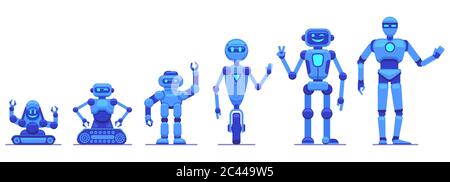 Evolution von Robotern. Robotik Technologie Fortschritt, futuristische mechanische Roboter-Charaktere, Roboter Tech Evolution Vektor Illustration Icons gesetzt Stock Vektor
