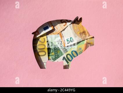 Schwein geformtes Loch mit Euro-Banknoten gefüllt Stockfoto