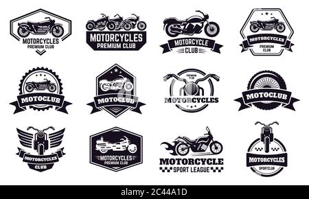 Motorradausweise. Retro Motorrad Fahrrad Club Embleme, Rennen und Motorrad benutzerdefinierte Stempel, Motorrad Fahrer Embleme Vektor-Illustration Icons Set Stock Vektor