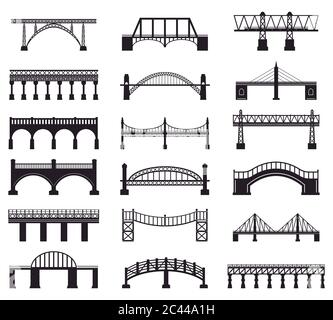 Brückenkonstruktion Silhouette. Fluss Brücke Architektur Gebäude, Brücke Transport Fahrbahn Silhouette Vektor Illustration Symbole gesetzt Stock Vektor
