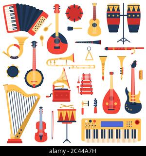 Musikinstrumente. Cartoon Doodle Musik Gitarre, Schlagzeug, Klavier Synthesizer und Harfe, Jazz-Band Musikinstrumente Vektor Illustration Set Stock Vektor