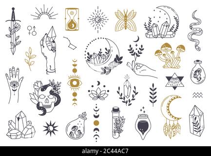 Hexen magische Symbole. Doodle Esoterik, Boho mystische handgezeichnete Elemente, magische Hexerei Kristall, Augen, Mond Vektor Illustration Icons gesetzt Stock Vektor