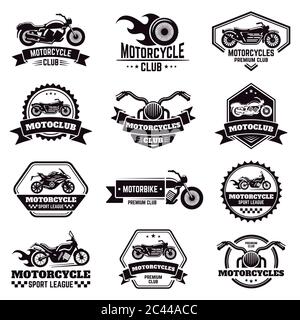 Retro-Motorrad-Embleme. Biker Club Motorrad Abzeichen, Motorrad Stempel, Motorrad Rad Flügel Emblem, Motorrad Etiketten Vektor-Illustration Icons Set Stock Vektor