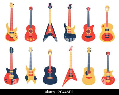 Musikgitarre. Akustische, elektrische Rock und Jazz-Gitarren, Retro-Streicher-Gitarren, Musikband-Instrumente Vektor Illustration Set Stock Vektor