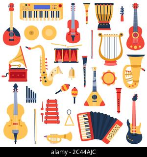 Musikinstrumente. Musikalische klassische Instrumente, Gitarren, Saxophon, Trommel und Violine, Jazz-Band Musikinstrumente Vektor Illustration Icons Set Stock Vektor