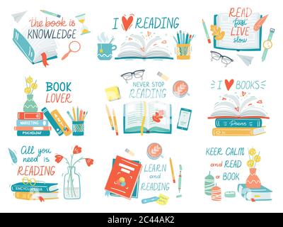 Büchersammlung. Hand gezeichnet Lettering Bücher Konzept, Stapel von Büchern, Lesebibliothek Ausrüstung, öffnen und schließen Bücher Vektor-Illustration Symbole gesetzt Stock Vektor