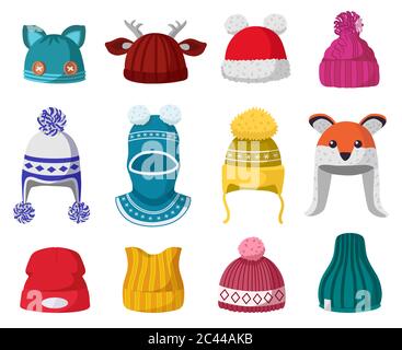 Gestrickte Wintermützen. Kinder stricken warme Kopfbedeckungen, Herbst und Winter Accessoires isoliert Vektor Illustration Icons Set Stock Vektor