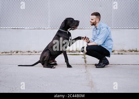 Junger Mann, der seinen Hund im Freien unterrichtet Stockfoto