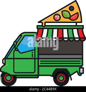 Kleine italienische Pizza Lebensmittel LKW Dreirad isoliert Vektor-Illustration für Foodtruck Tag am 26. Juni. Symbol für Essen zum Mitnehmen. Stock Vektor