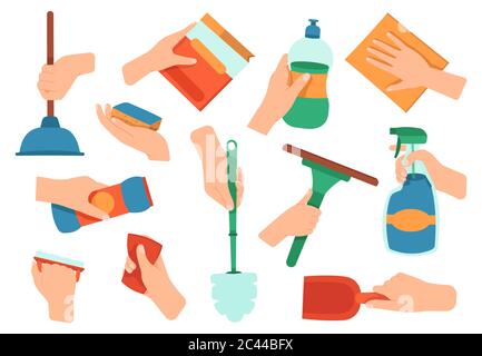 Hände halten das Waschmittel. Reinigung Desinfektion Hausarbeit Verbrauchsmaterialien in Händen, Küche und Bad Waschgeräte Vektor Illustration Symbole Set Stock Vektor