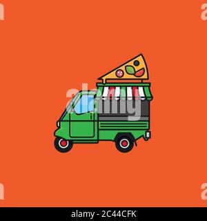Kleine italienische Pizza Lebensmittel LKW Dreirad Vektor-Illustration für Foodtruck Tag am 26. Juni. Symbol für Essen zum Mitnehmen. Stock Vektor