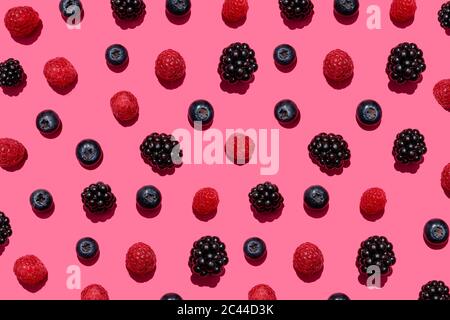 Muster aus Himbeeren, Blaubeeren und Brombeeren vor rosa Hintergrund Stockfoto