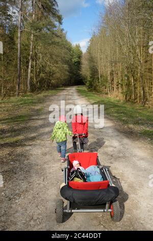 Rückansicht von zwei kleinen Schwestern, die auf der Waldstrecke Trolley ziehen Stockfoto