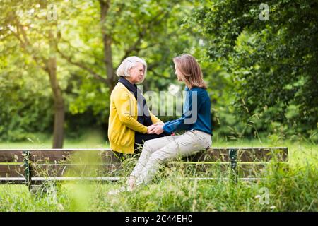 Ältere Frau und Erwachsene Tochter sitzen auf der Rückenlehne der Parkbank mit Händen Stockfoto